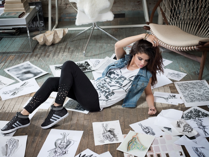 Selena Gomez surrounded by sketches