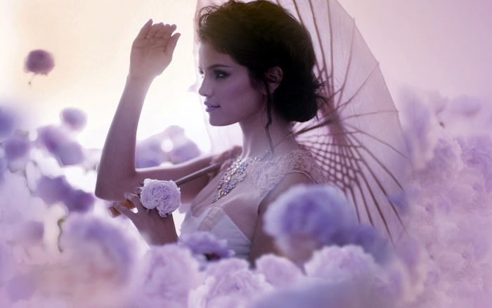 Selena Gomez Among Purple Flowers