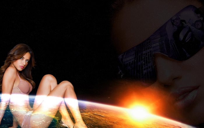 Adriana Lima in Space with Earth and Sunrise
