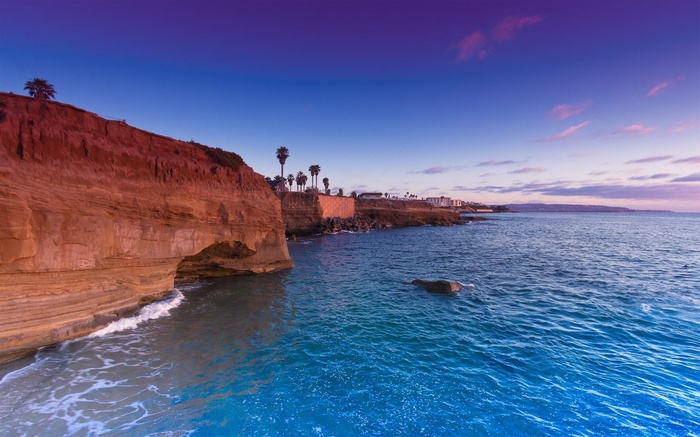 Coastal cliffs and ocean at sunset