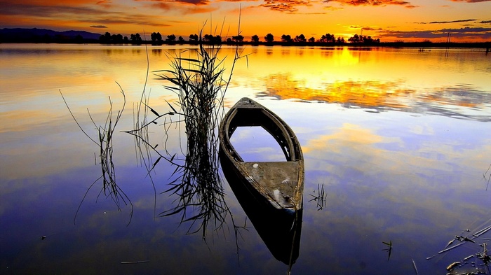 Sunken boat in a lake at sunset