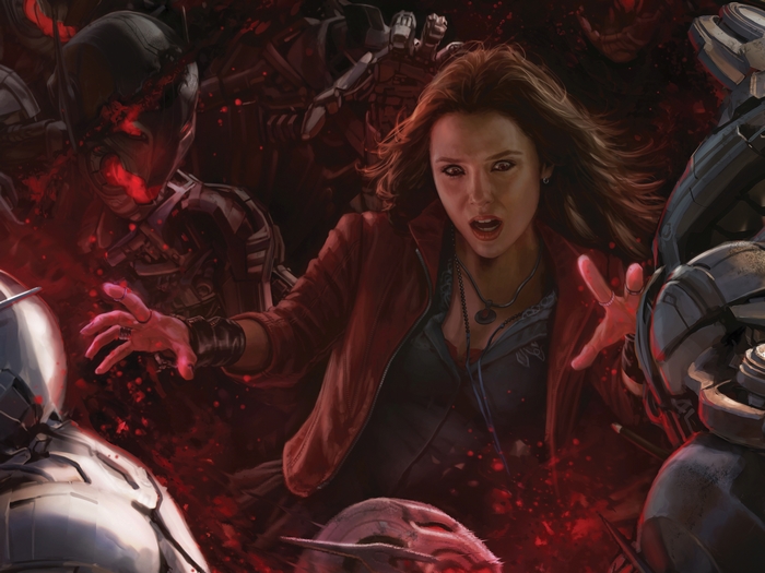 Scarlet Witch from Avengers surrounded by Ultron bots
