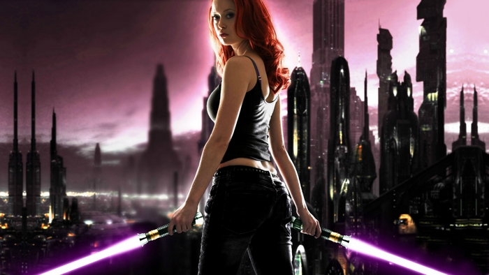 Summer Glau with two lightsabers in futuristic city