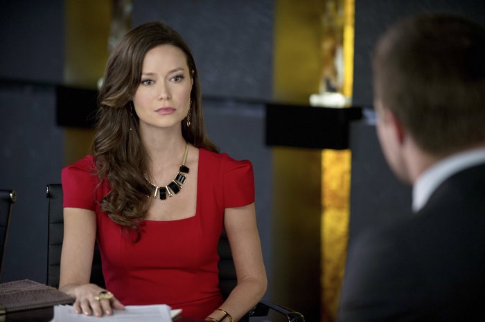 Summer Glau in a red dress