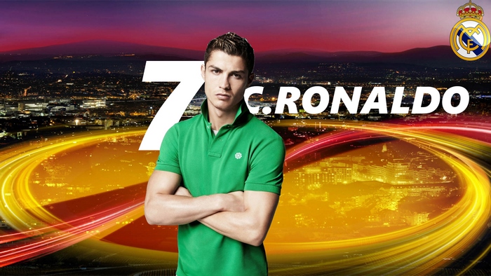 Cristiano Ronaldo with Real Madrid logo