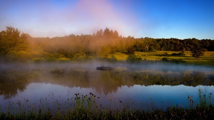 Misty lake with a dock at sunrise