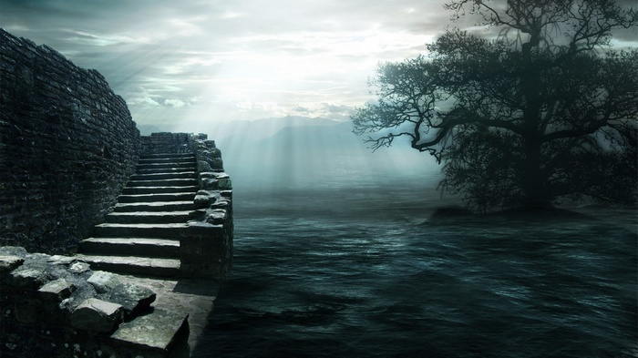 Stone stairs leading to a dark tree by the sea