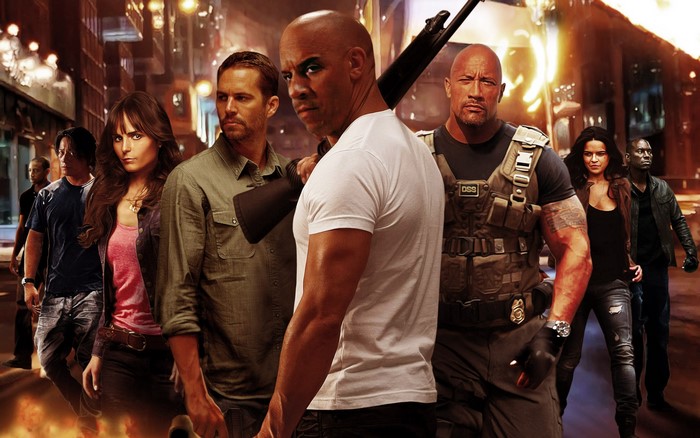 Fast & Furious cast in a city street