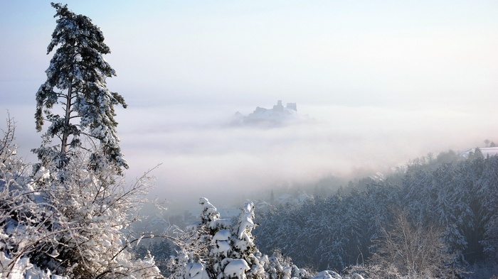Castle ruins in fog over snowy forest