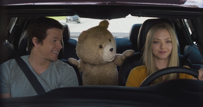 Mark Wahlberg, Amanda Seyfried, and Ted in a car