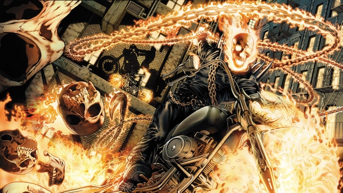 Ghost Rider on a motorcycle in a city