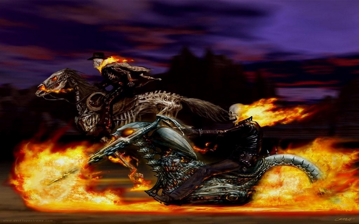 Ghost Rider on a motorcycle and horse