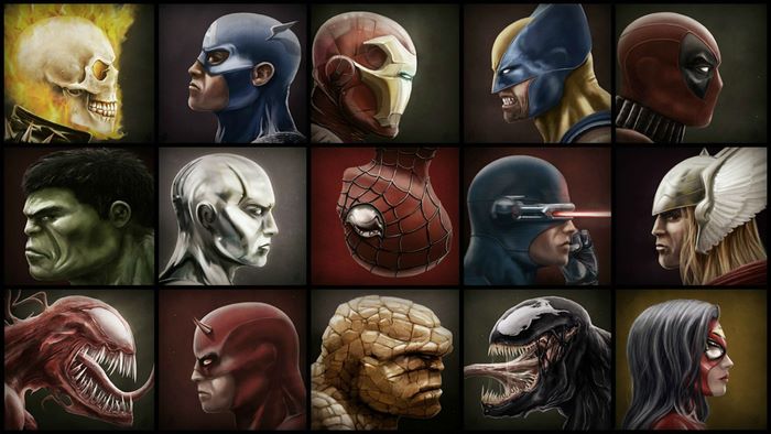 Marvel Characters Collage: Ghost Rider, Captain America, Iron Man, Wolverine, Deadpool, Hulk, Vision, Spider-Man, Cyclops, Thor, Carnage, Daredevil, The Thing, Venom, Spider-Woman