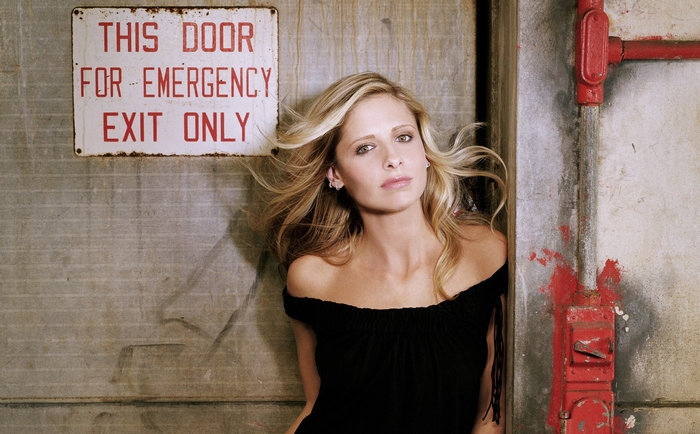 Sarah Michelle Gellar leaning against a door