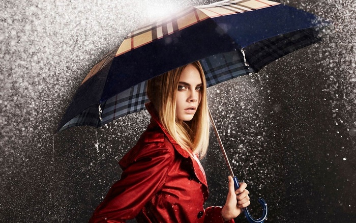Cara Delevingne with Burberry Umbrella in Rain