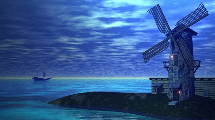 Windmill by the sea at night with a boat