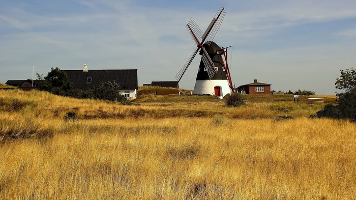 Windmill and houses in a grassy field