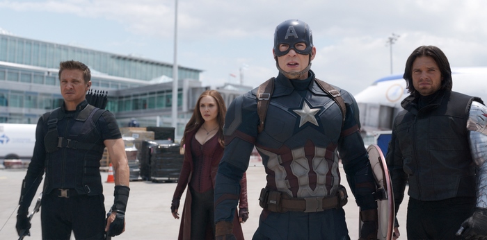 Captain America, Scarlet Witch, Winter Soldier, and Hawkeye at airport