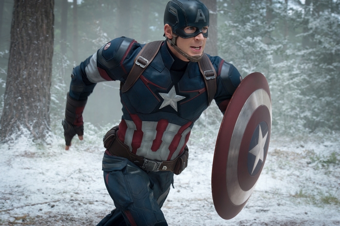 Captain America running in a snowy forest