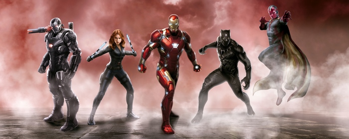 War Machine, Black Widow, Iron Man, Black Panther, and Vision