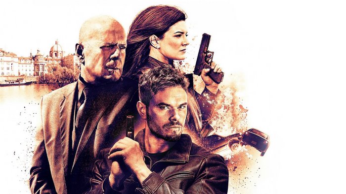 Bruce Willis and other actors in action movie poster