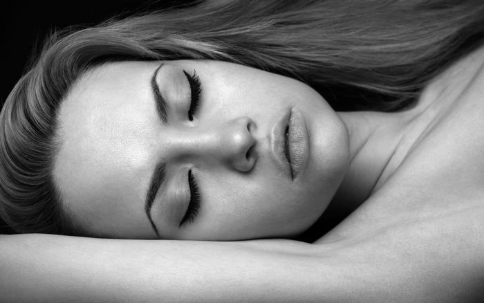 Barbara Palvin Peaceful Woman Sleeping in Black and White