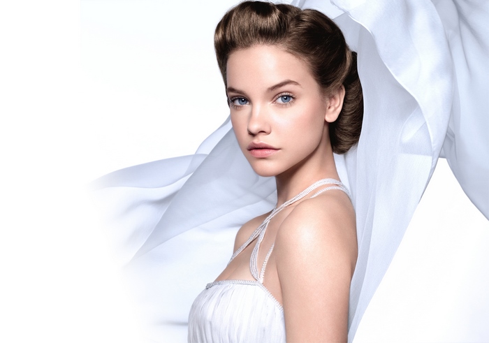 Barbara Palvin in white dress with sheer fabric