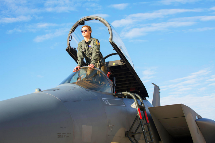 Brie Larson as Captain Marvel in a fighter jet