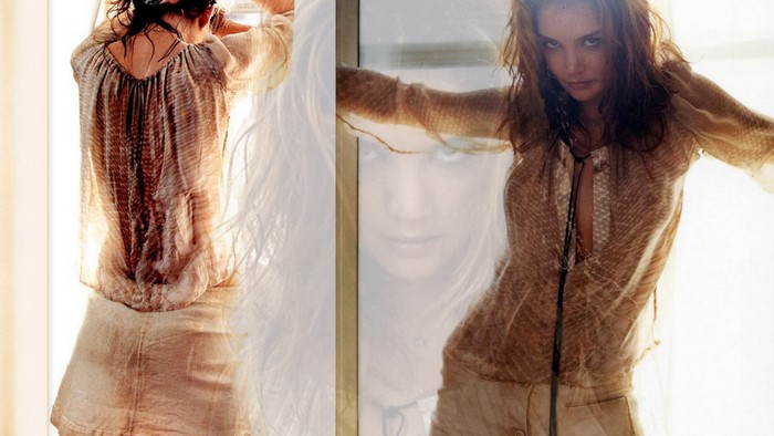 Katie Holmes in sheer top and skirt