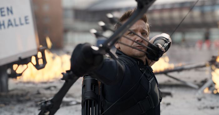 Hawkeye from Avengers aiming a bow and arrow