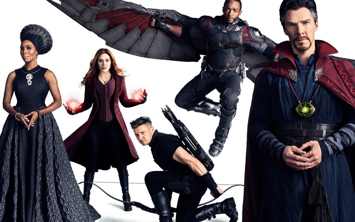 Avengers characters: Okoye, Scarlet Witch, Falcon, Hawkeye, Doctor Strange