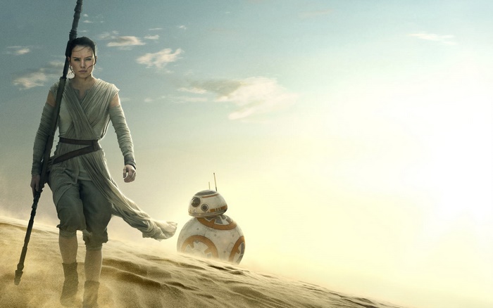 Rey and BB-8 from Star Wars in a desert
