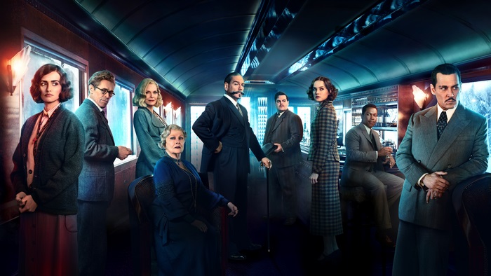 Cast of Murder on the Orient Express on a train