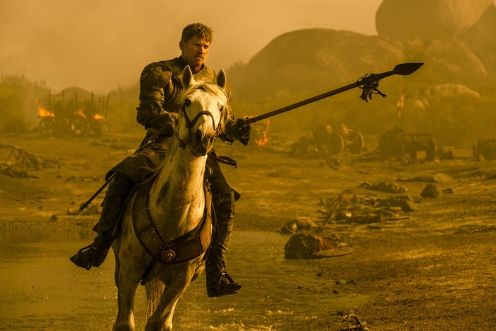 Nikolaj Coster-Waldau on horseback with a spear