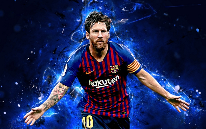 Lionel Messi in Barcelona Jersey with Blue Background