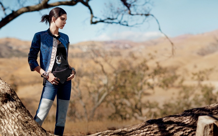 Kendall Jenner in a blue jacket and jeans