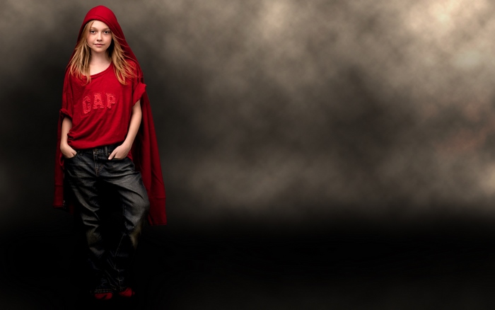 Dakota Fanning in Red Hood and GAP Shirt