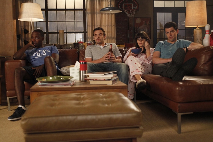 New Girl: Nick, Jess, Winston, and Schmidt on couch