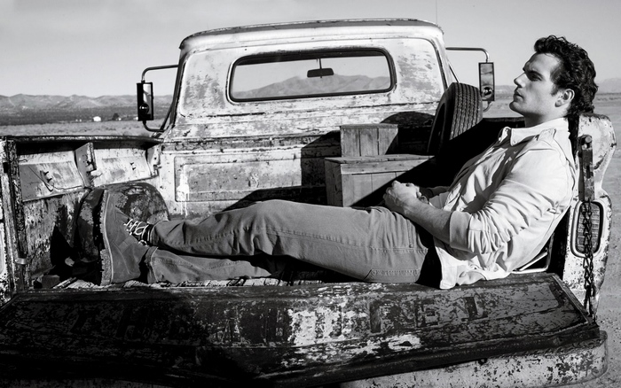 Henry Cavill in a vintage truck bed