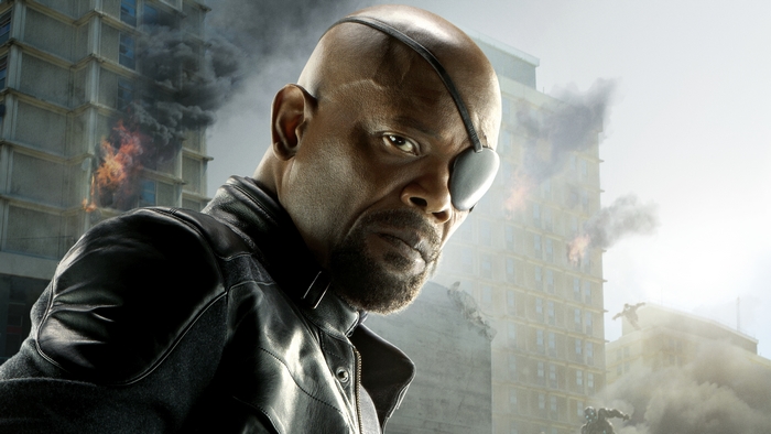 Samuel L. Jackson as Nick Fury in a burning city