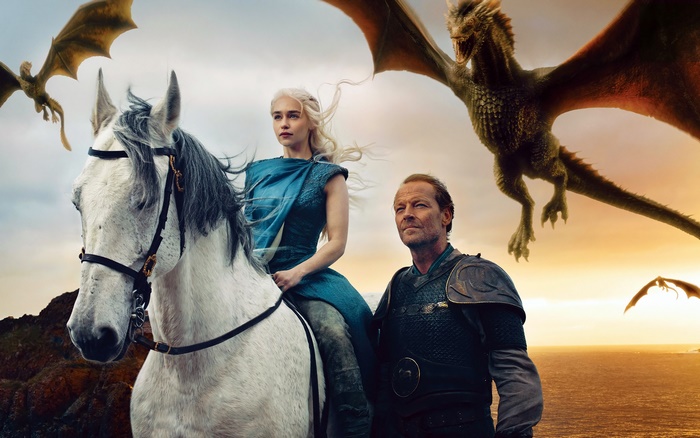 Daenerys Targaryen and Jorah Mormont with Dragons