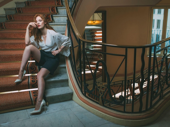 Jessica Chastain on a Staircase