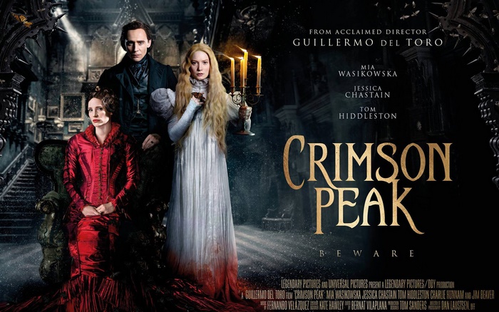 Crimson Peak movie poster with Mia Wasikowska, Jessica Chastain, and Tom Hiddleston