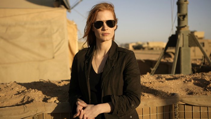Jessica Chastain in a desert military setting