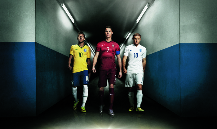 Neymar Jr, Cristiano Ronaldo, and Wayne Rooney in soccer kits