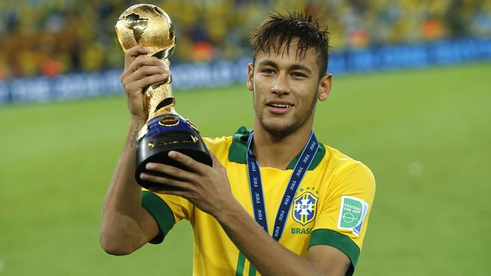 Neymar Jr holding the FIFA World Cup trophy