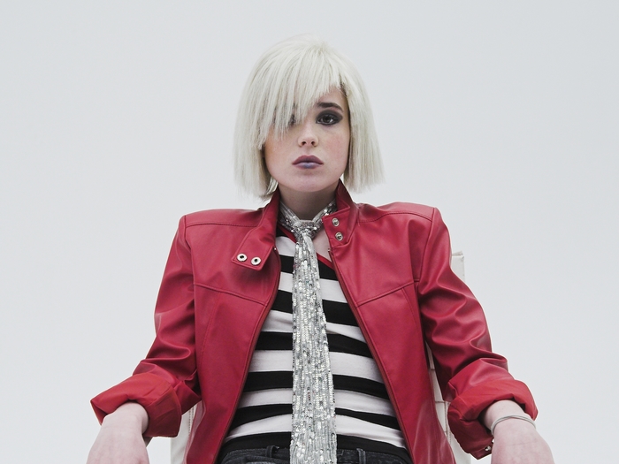 Ellen Page in red jacket and striped shirt