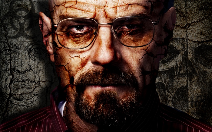 Bryan Cranston with cracked skin and biohazard symbol