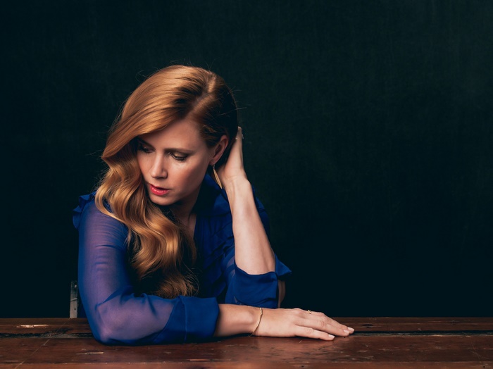 Amy Adams sitting at a wooden table