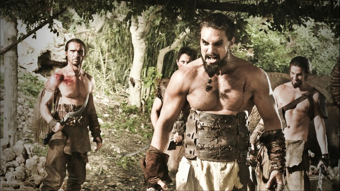 Jason Momoa and warriors in a forest